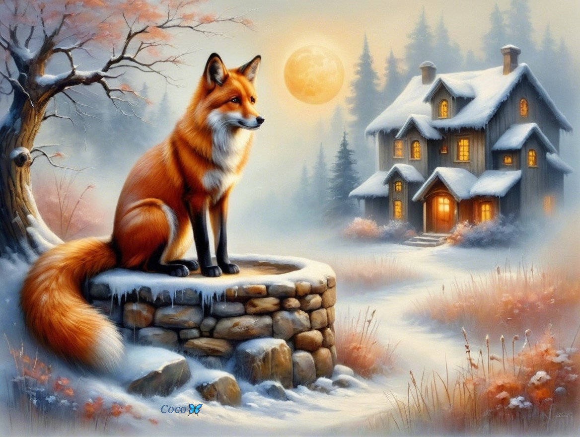 Winter Landscape with Fox and Cozy Cabin Scene