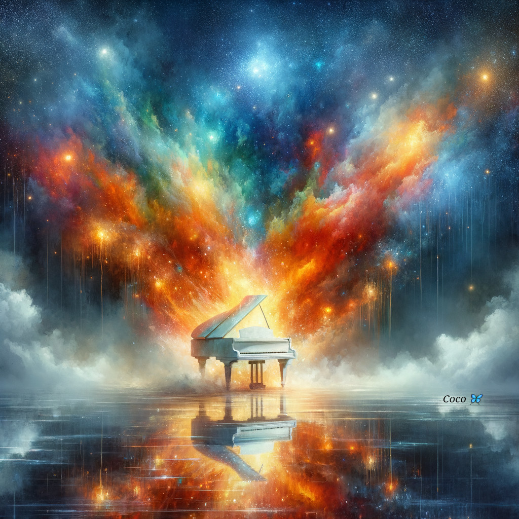 Grand Piano in a Cosmic Landscape with Vibrant Colors