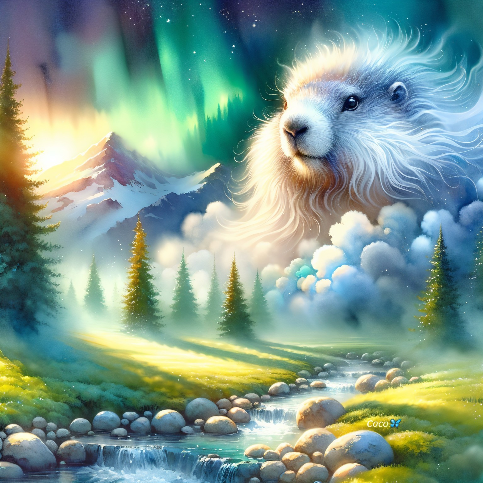 Whimsical Landscape with Mountain and Aurora Features