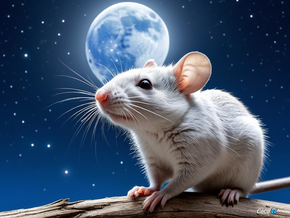White mouse on branch under moonlit starry sky