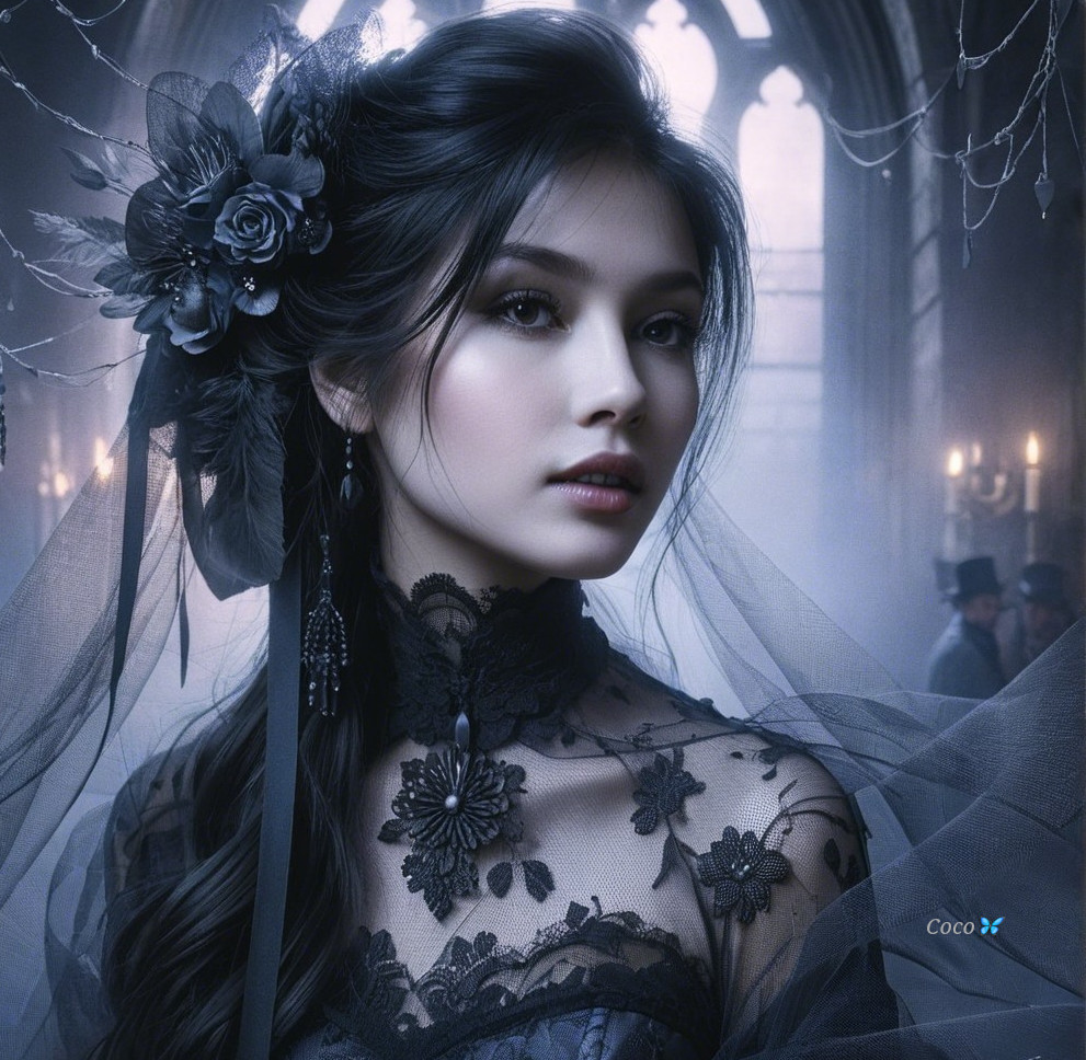 Mysterious Woman in Black Lace with Gothic Backdrop