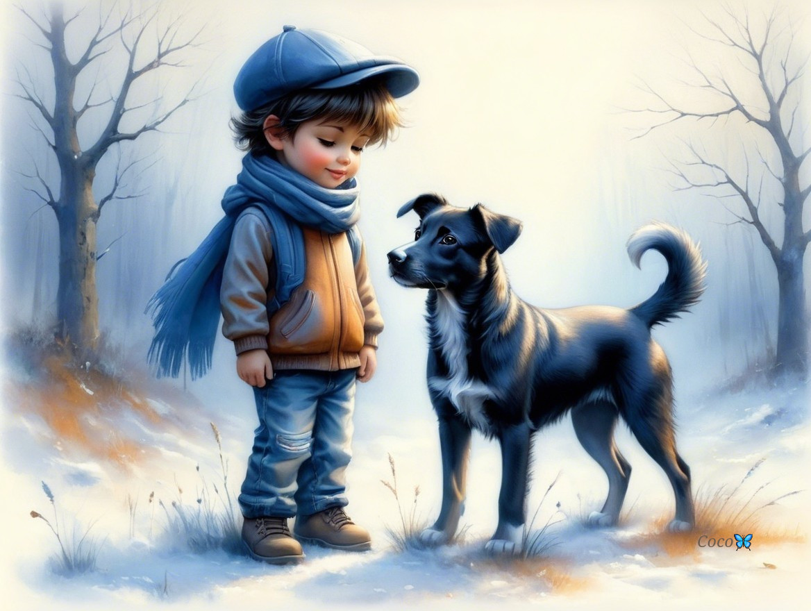 Young Boy and Dog in Winter Landscape Scene