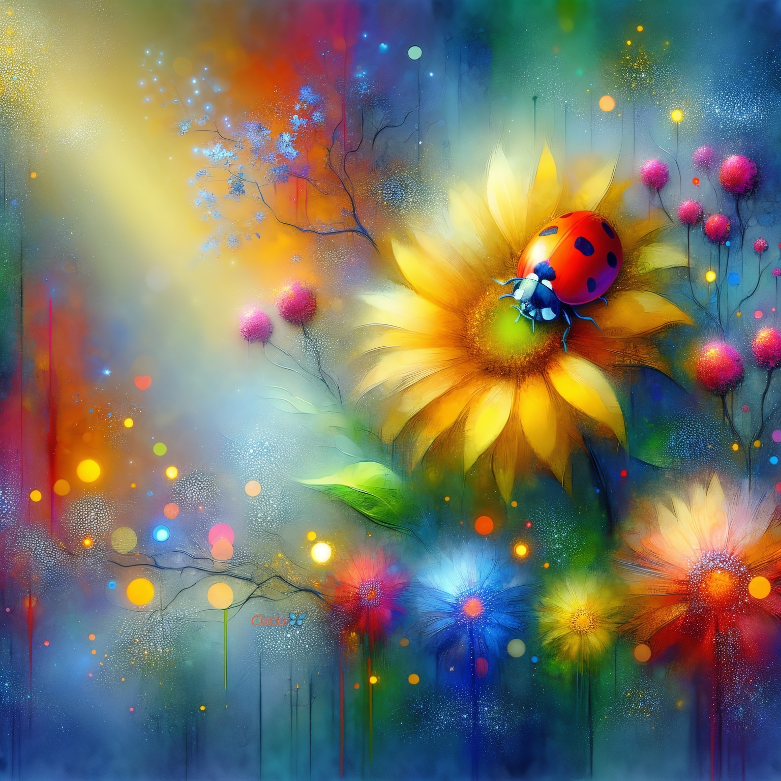 Whimsical Sunflower Scene with Ladybug and Colorful Flowers
