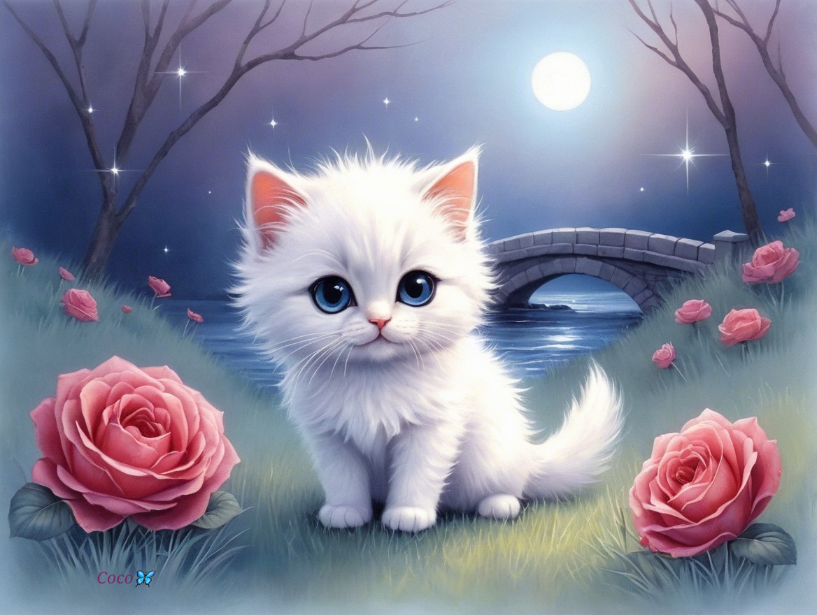Fluffy White Kitten Surrounded by Pink Roses and Moonlight