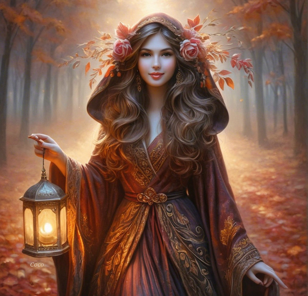 Autumn Forest Scene with Woman and Glowing Lantern