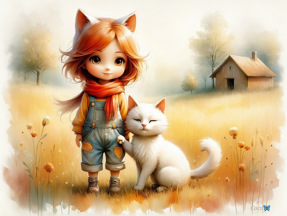 Whimsical Scene of Girl with Cat Ears in Flower Field