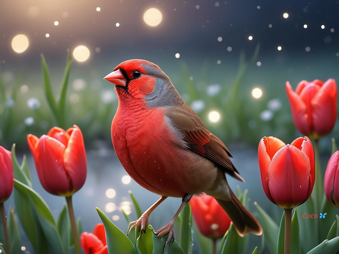 Red Bird Among Tulips with Falling Snowflakes