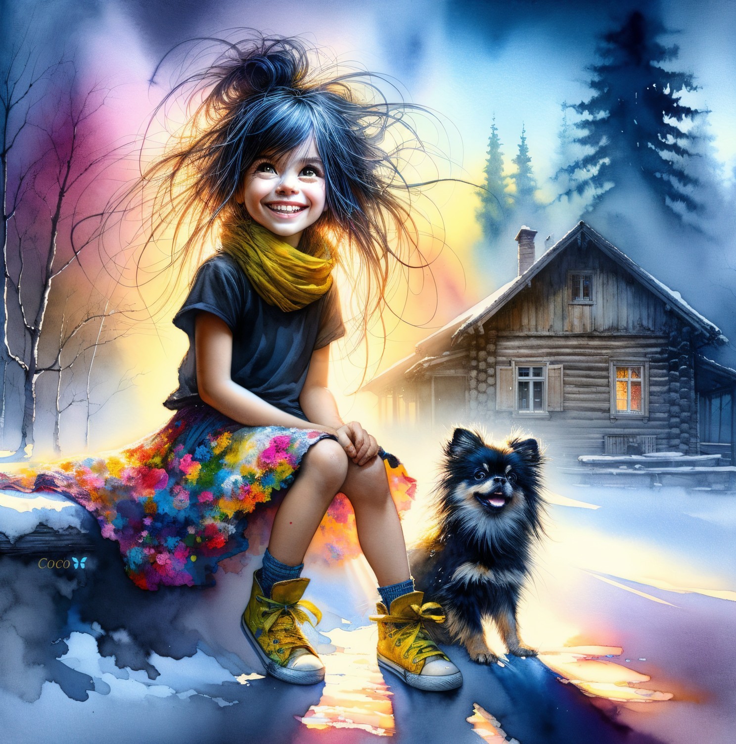 Cheerful girl with colorful hair in snowy landscape