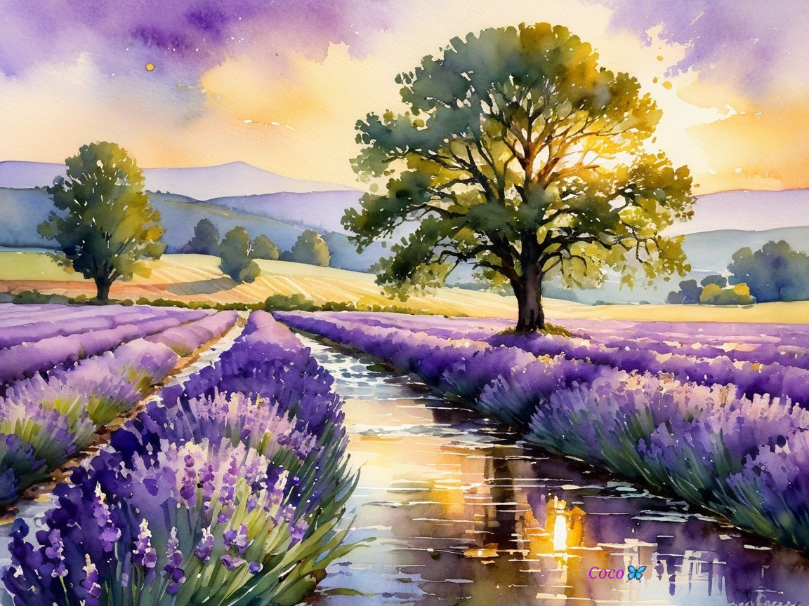 Lavender Fields and Tranquil River at Sunset
