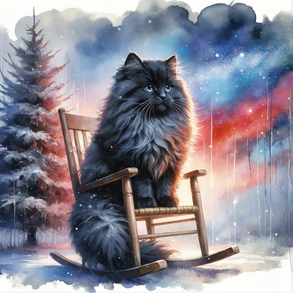 Black Cat in Rocking Chair Amidst Snowy Landscape
