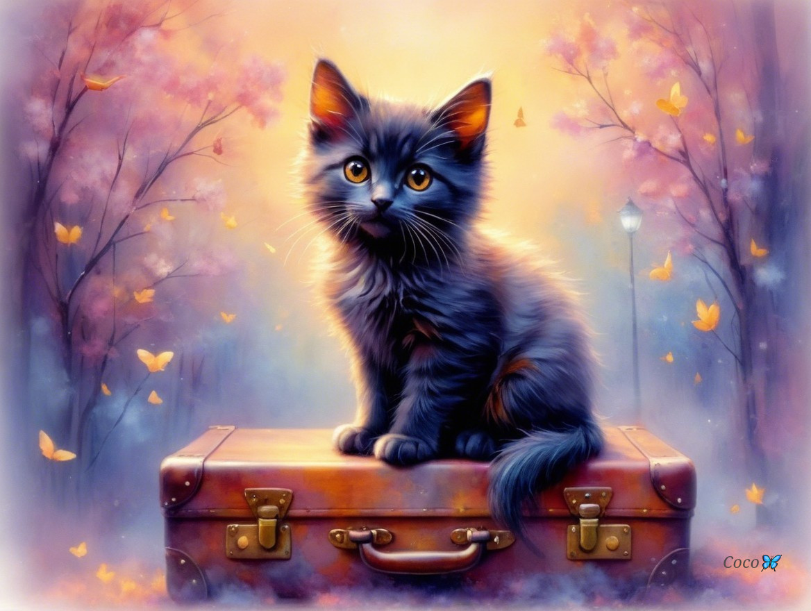 Black Kitten on Vintage Suitcase in Dreamy Landscape