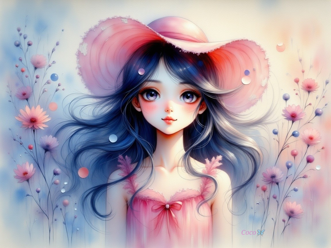 Dreamy Illustration of a Girl in a Whimsical Hat