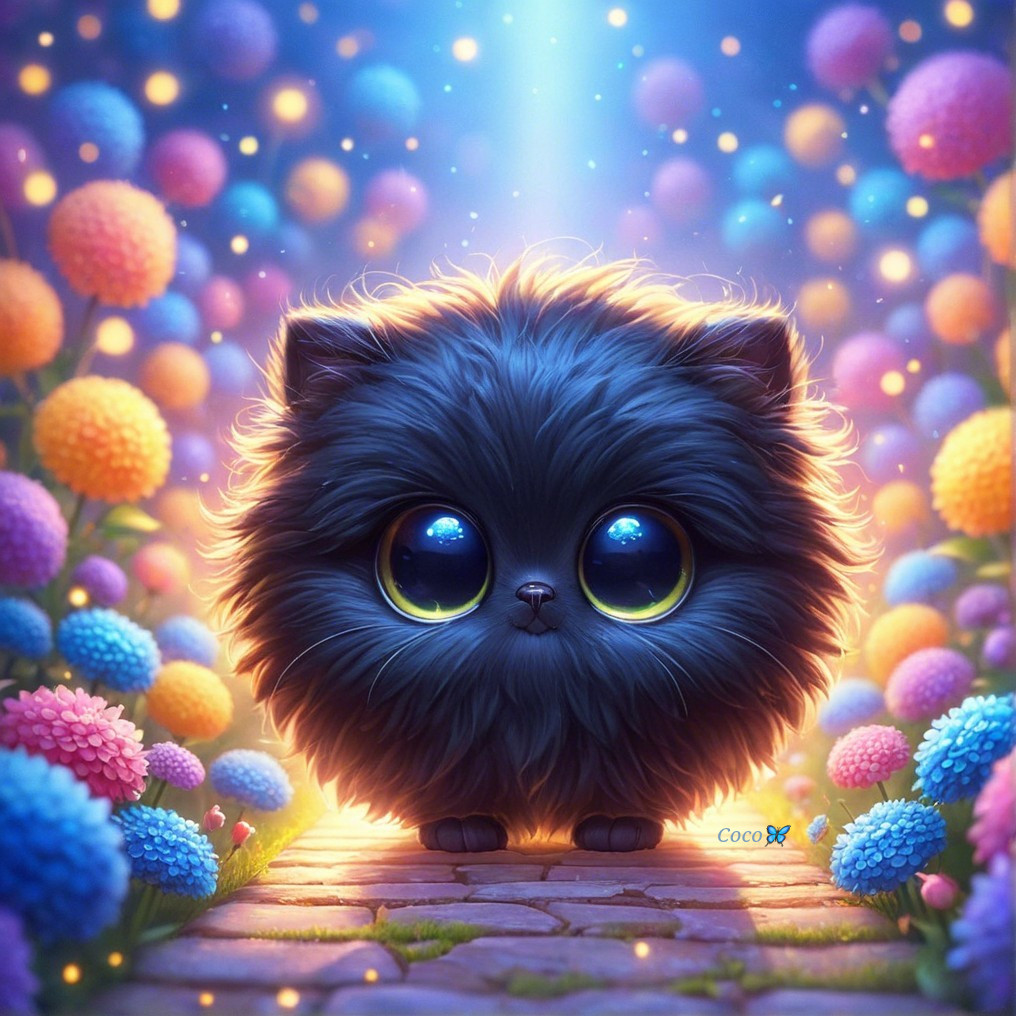 Fluffy Black Cat Surrounded by Colorful Flowers
