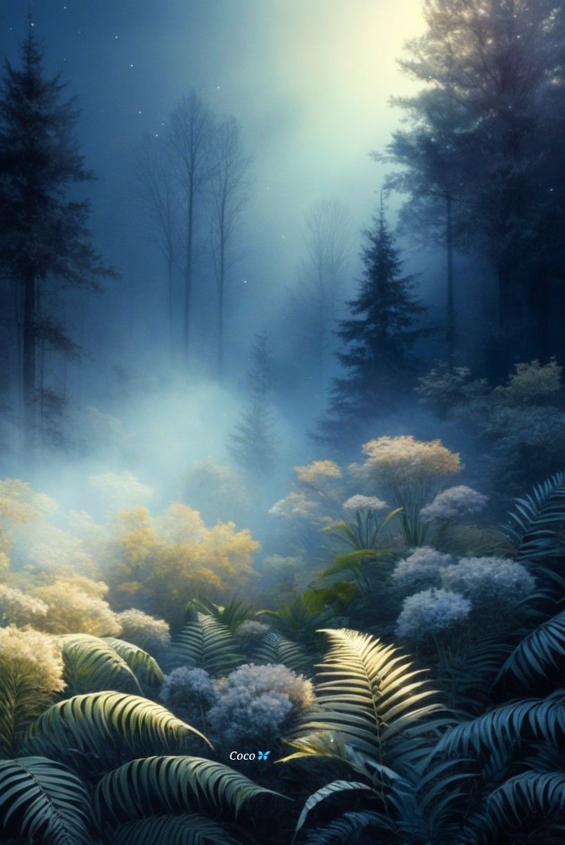 Tranquil Forest Scene with Mist and Gentle Light