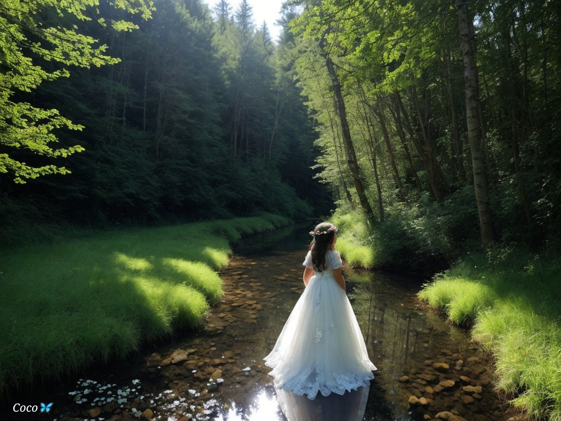 Bride by a serene stream in lush greenery