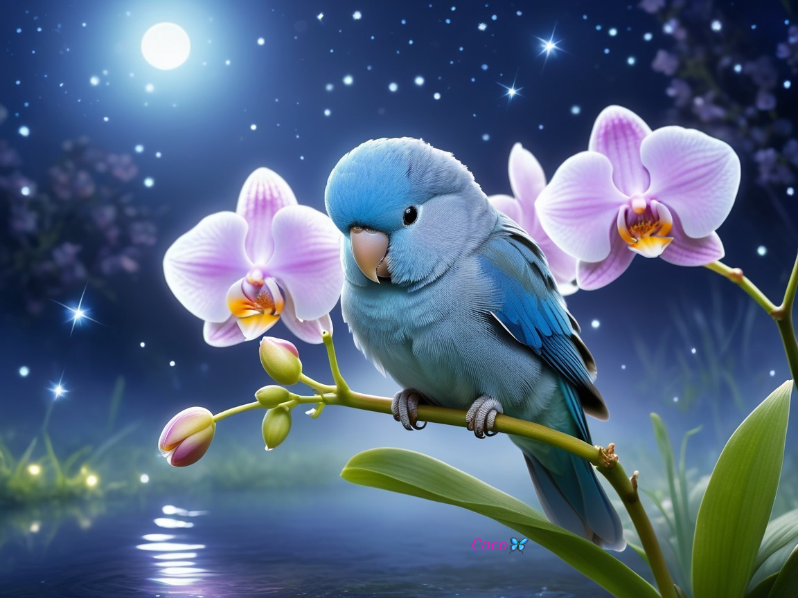 Vibrant Blue Parakeet in a Serene Night Scene