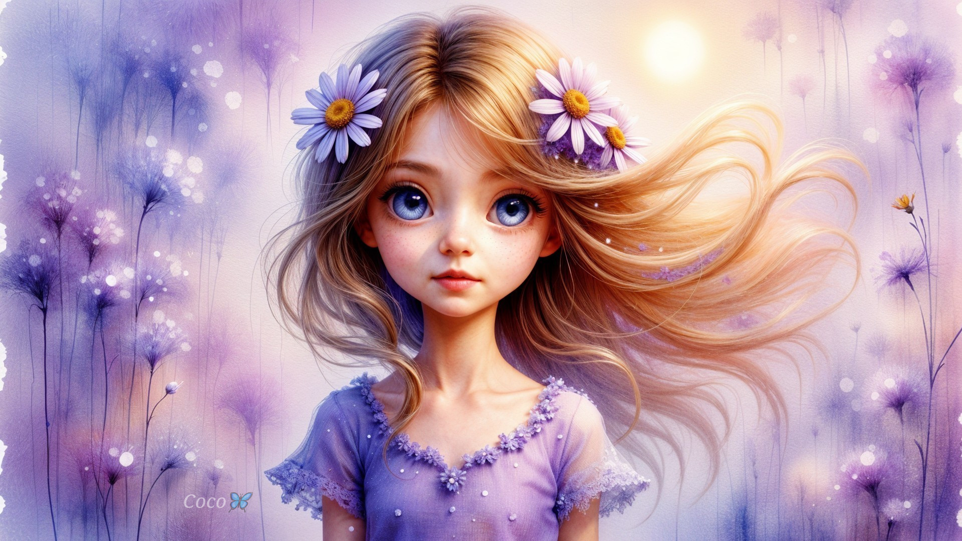 Ethereal girl in lavender dress with daisies and flowers