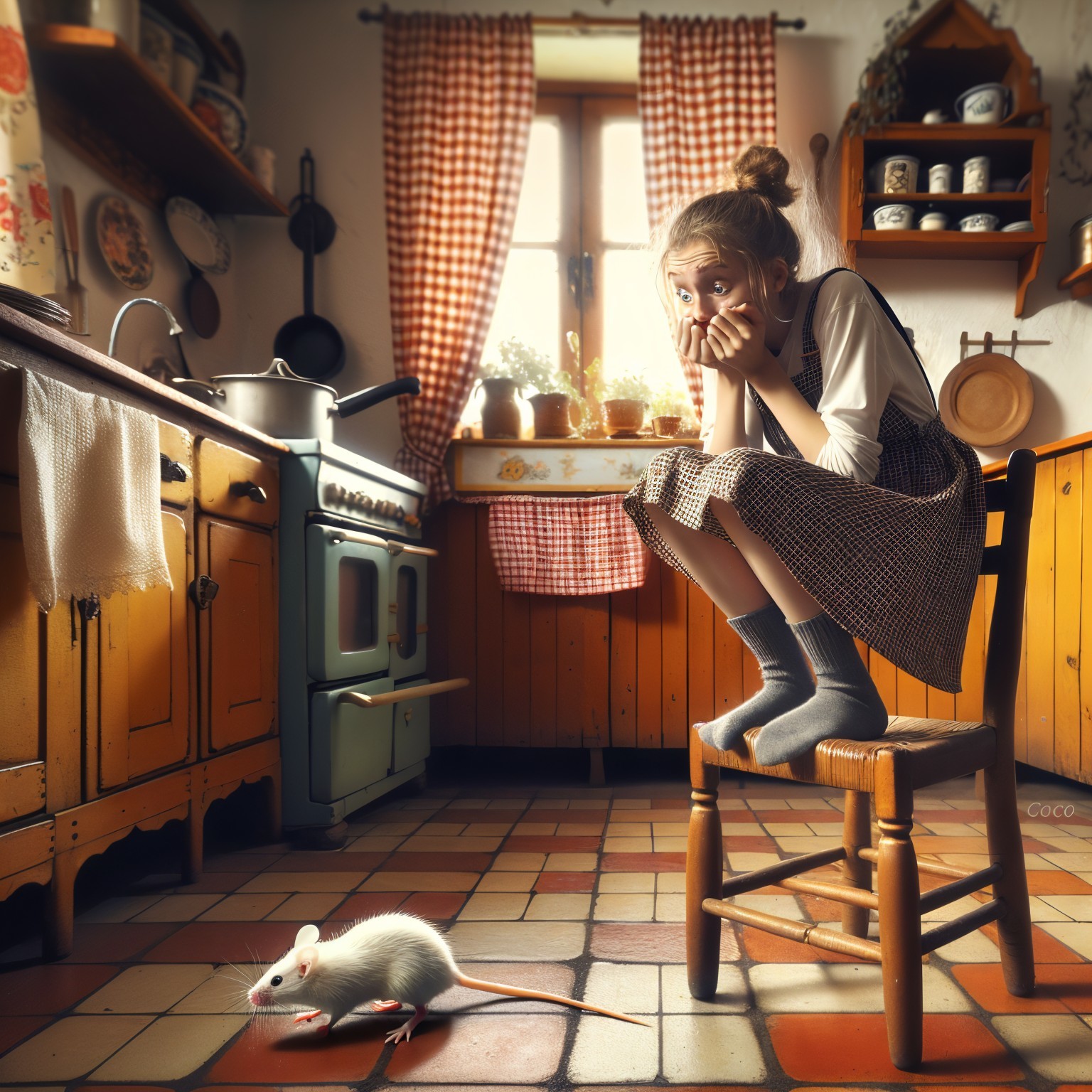 Cozy kitchen scene with girl and white rat interaction
