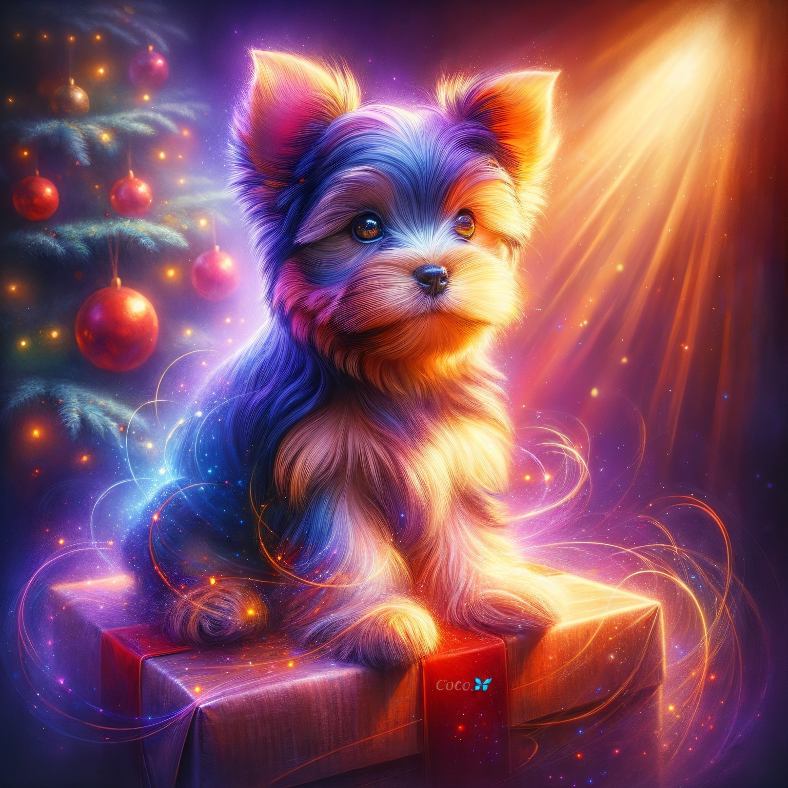 Yorkshire Terrier Puppy on Gift Box with Christmas Tree