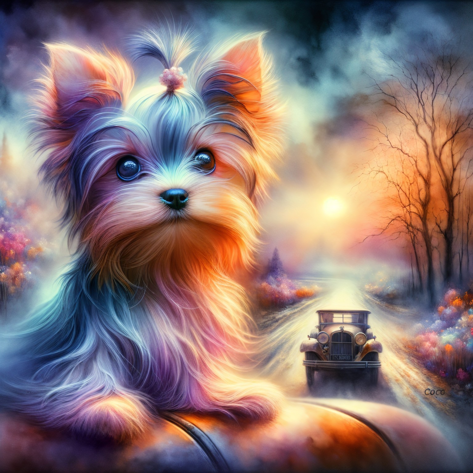Colorful portrait of a fluffy dog with vibrant scenery