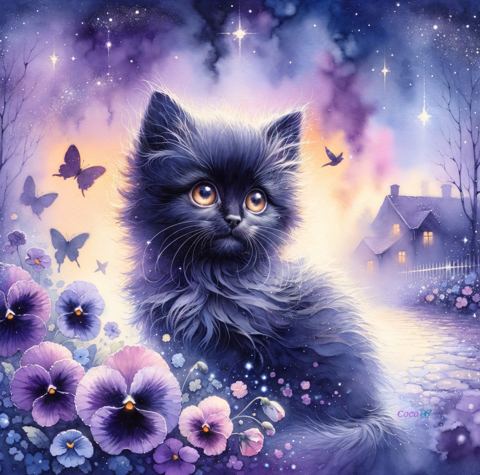 Whimsical Scene with Kitten, Pansies, and Butterflies