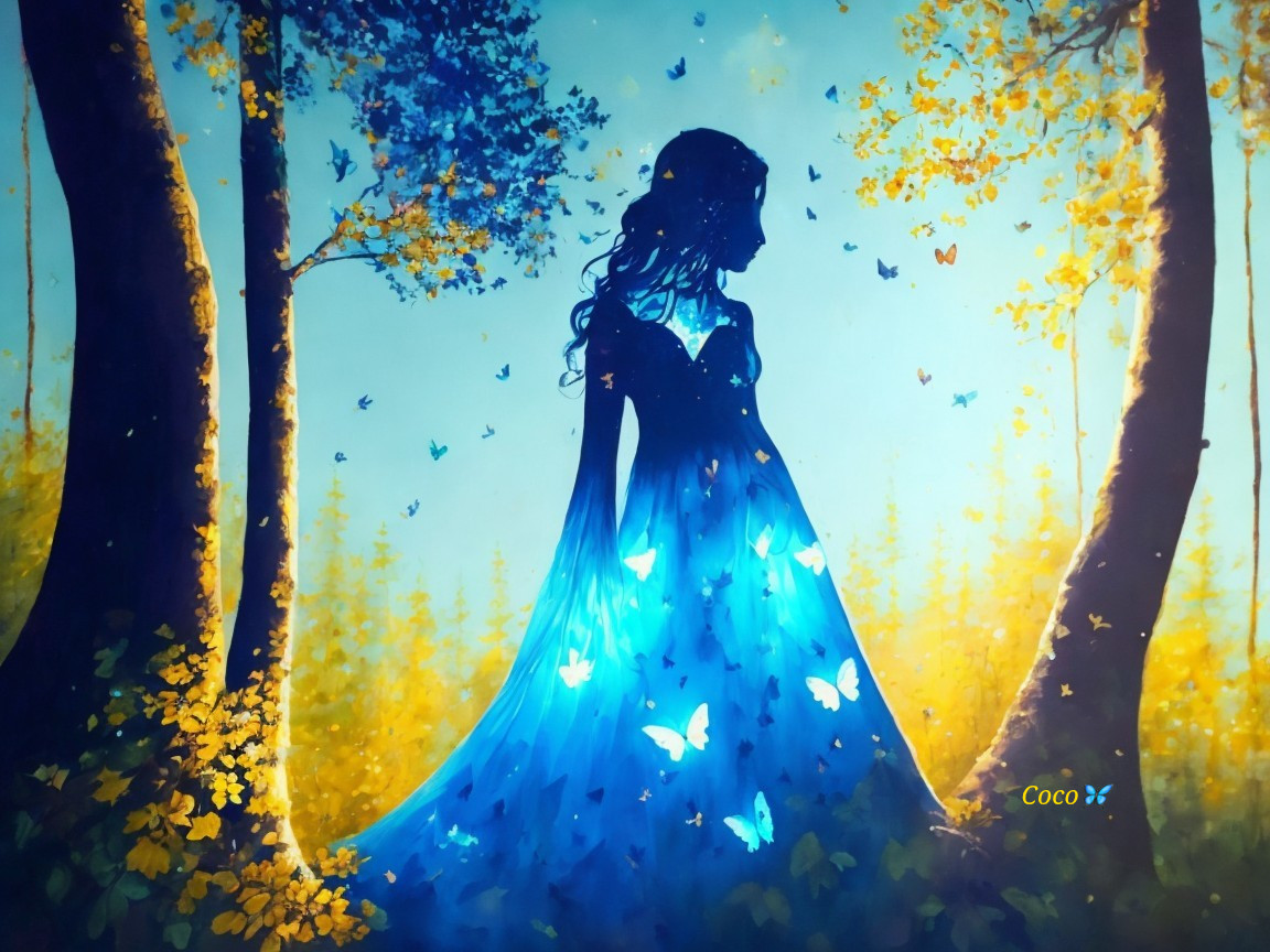 Silhouette of Woman in Blue Dress Among Butterflies