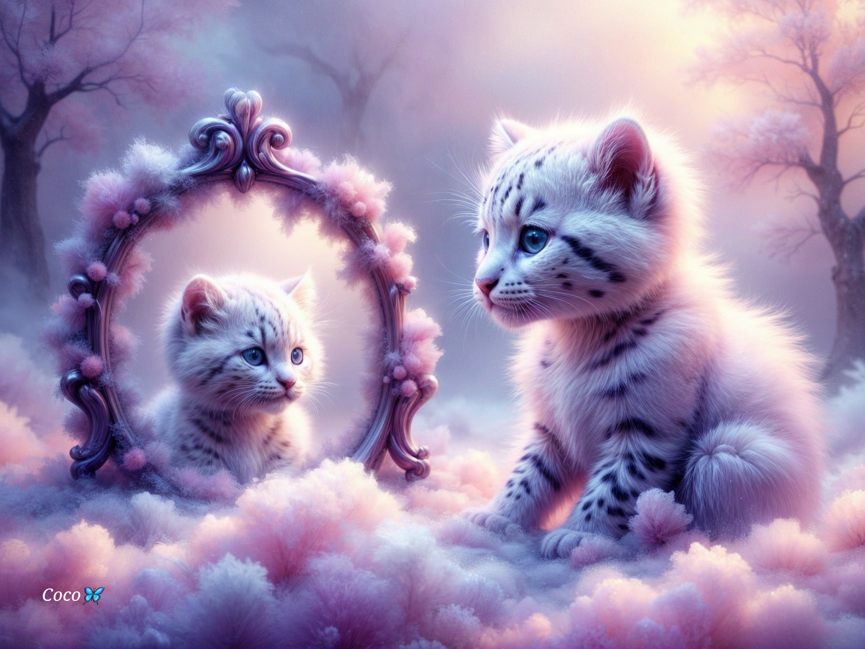 Fluffy Kitten Gazing at Reflection in Dreamy Landscape