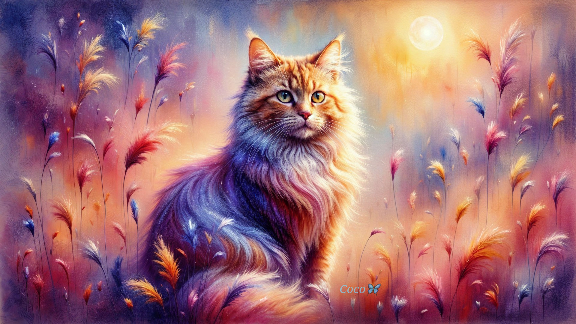 Ginger Cat in Colorful Flora Under Moonlight