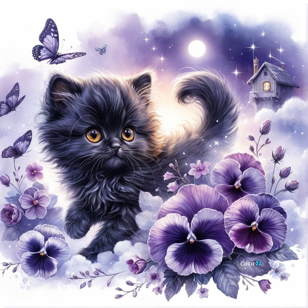 Fluffy Black Kitten in Enchanting Dreamy Landscape