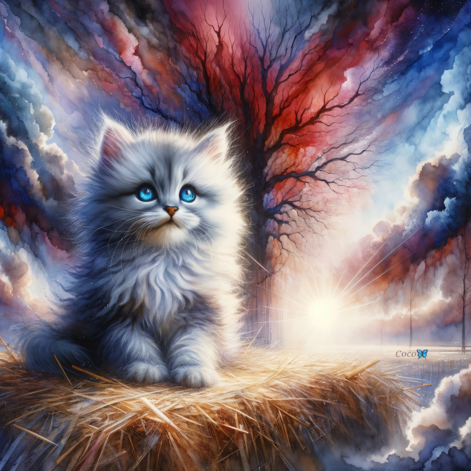 Fluffy Silver-Gray Kitten on Haystack Under Surreal Sky