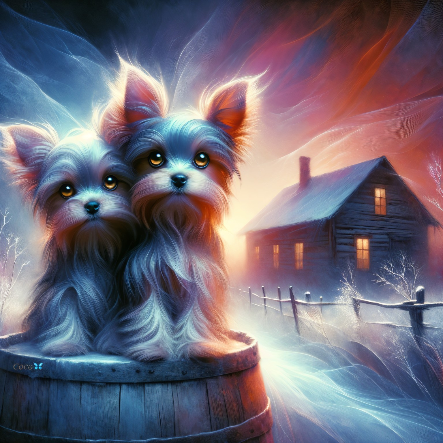 Fluffy Dogs in a Barrel with Cozy Cabin Background