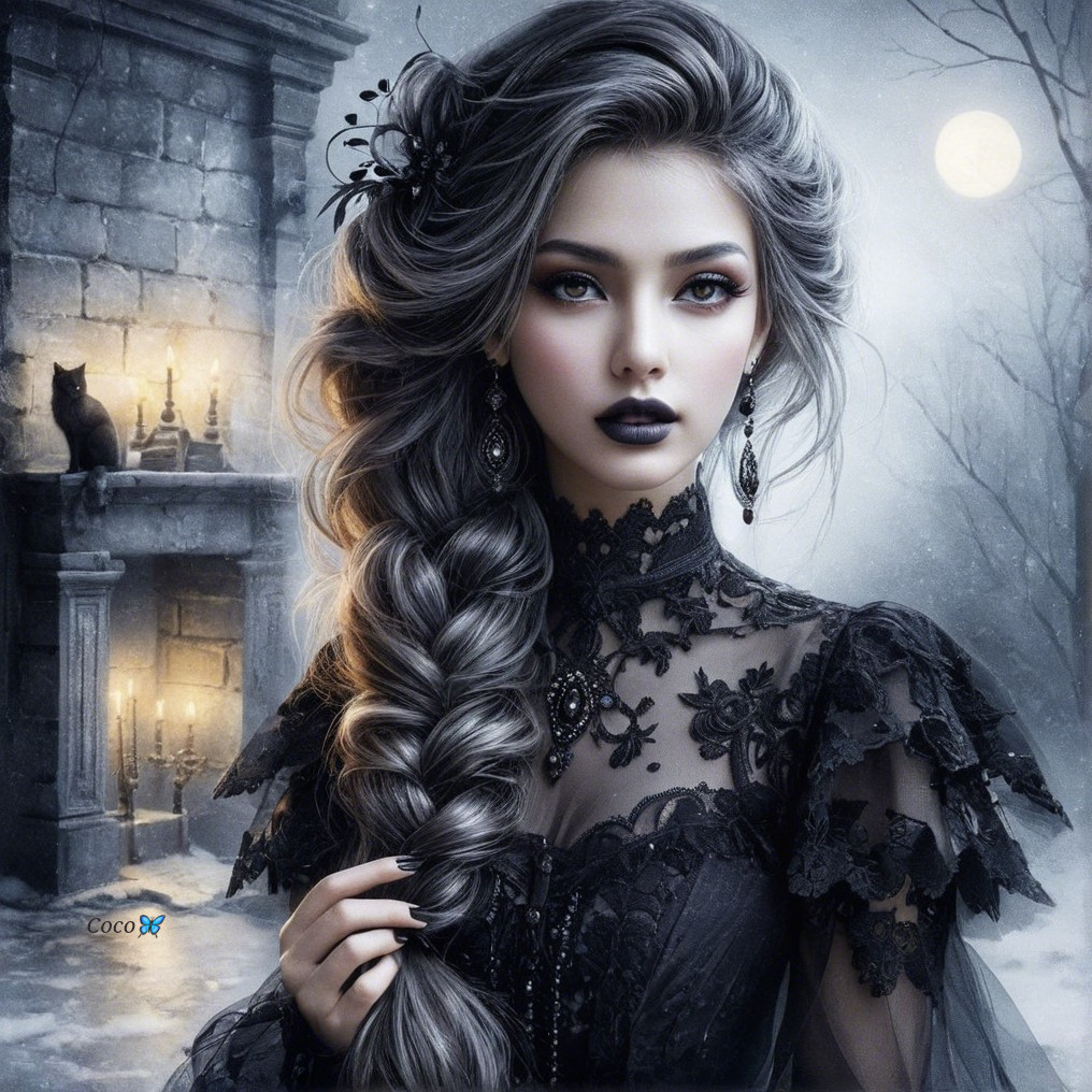 Gothic Scene with Elegant Figure in Black Lace Dress