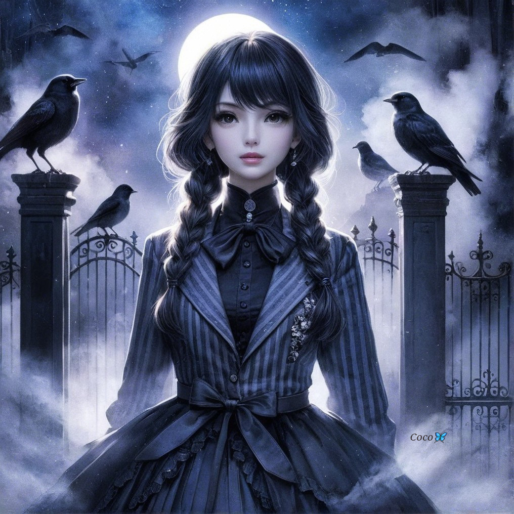 Young Woman in Vintage Dress Under Full Moon and Crows
