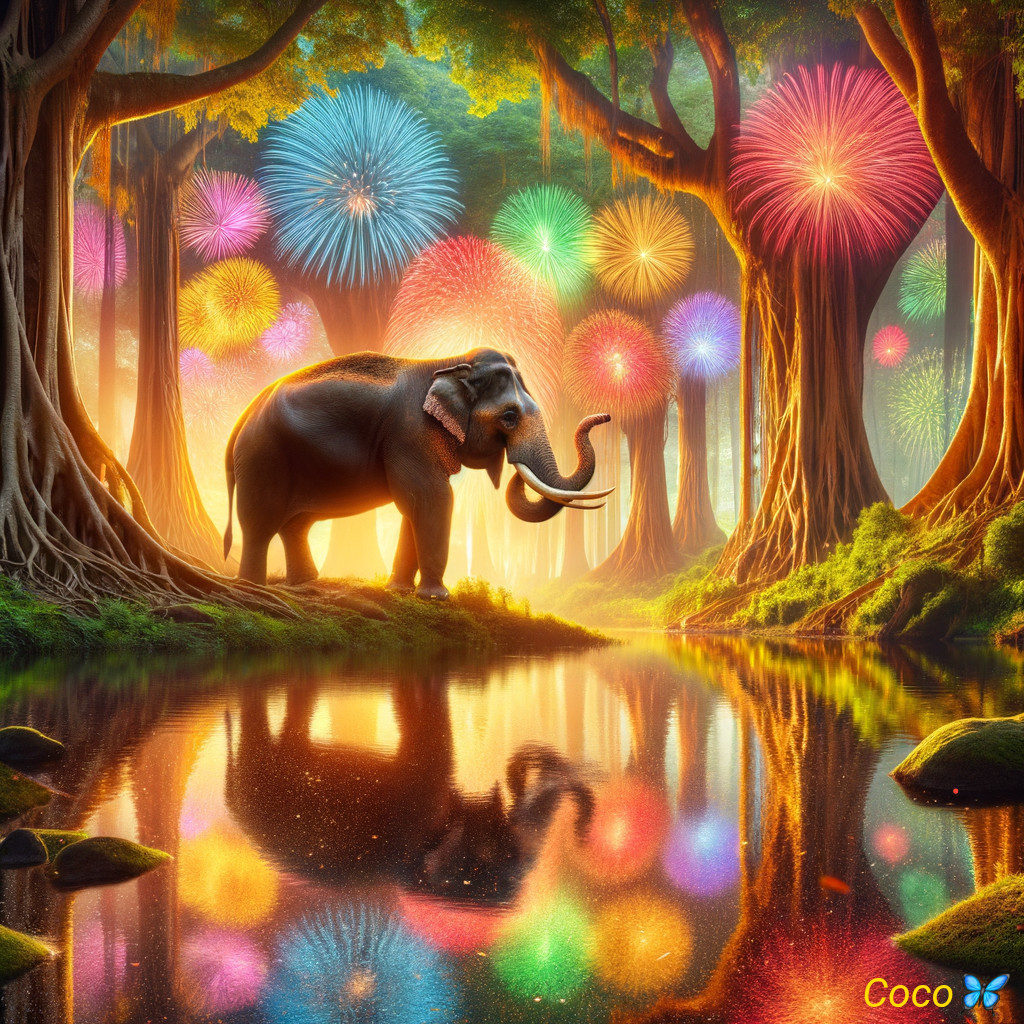 Enchanted Forest with Elephant and Colorful Fireworks