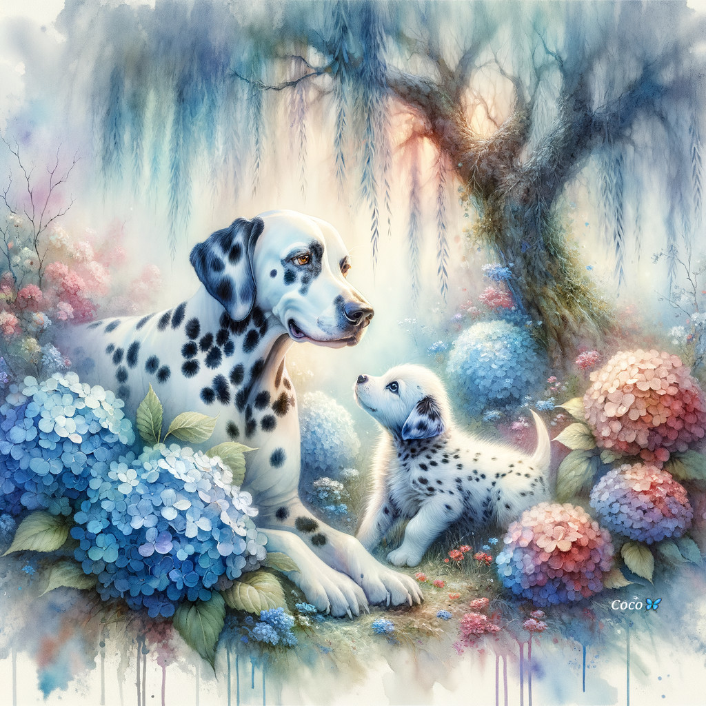 Dalmatian and Puppy Among Lush Hydrangea Blooms