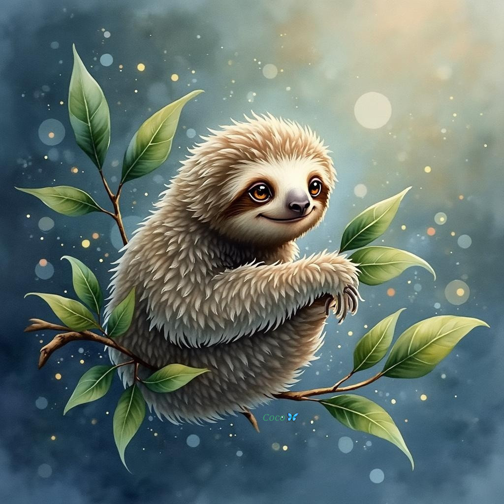 Cartoon-Style Sloth on Leafy Branch in Whimsical Setting