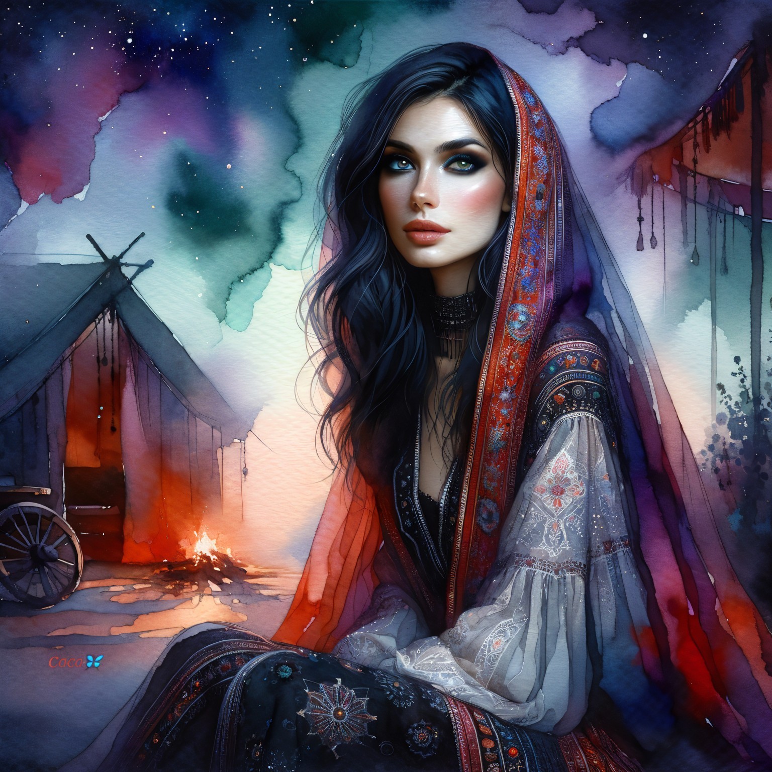 Woman in flowing garment against a starry night sky