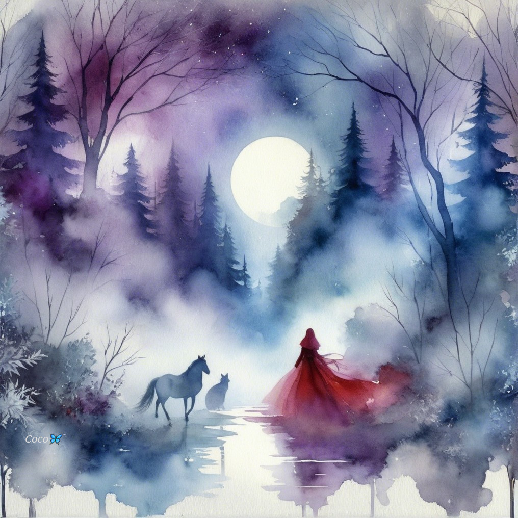 Twilight Forest Scene with Silhouetted Figures and Lake