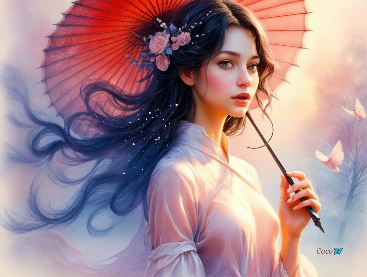 Serene Young Woman with Red Parasol in Pastel Landscape