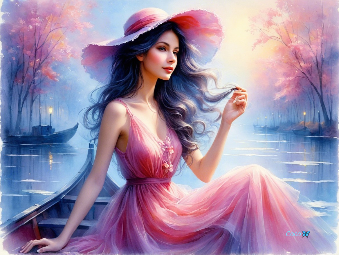 Young Woman in Pink Dress on Tranquil River Boat