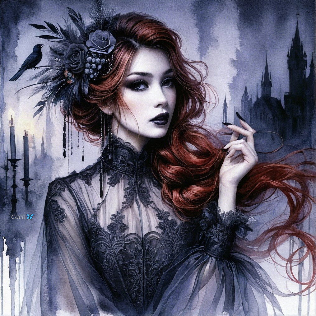 Gothic Scene with Woman in Black Lace Gown and Raven