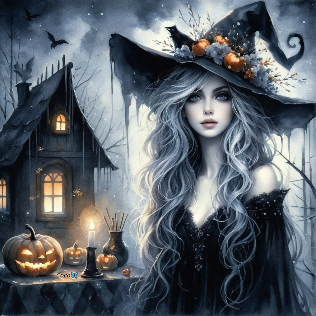 Mystical Witch in Black Dress with Enchanted Cottage