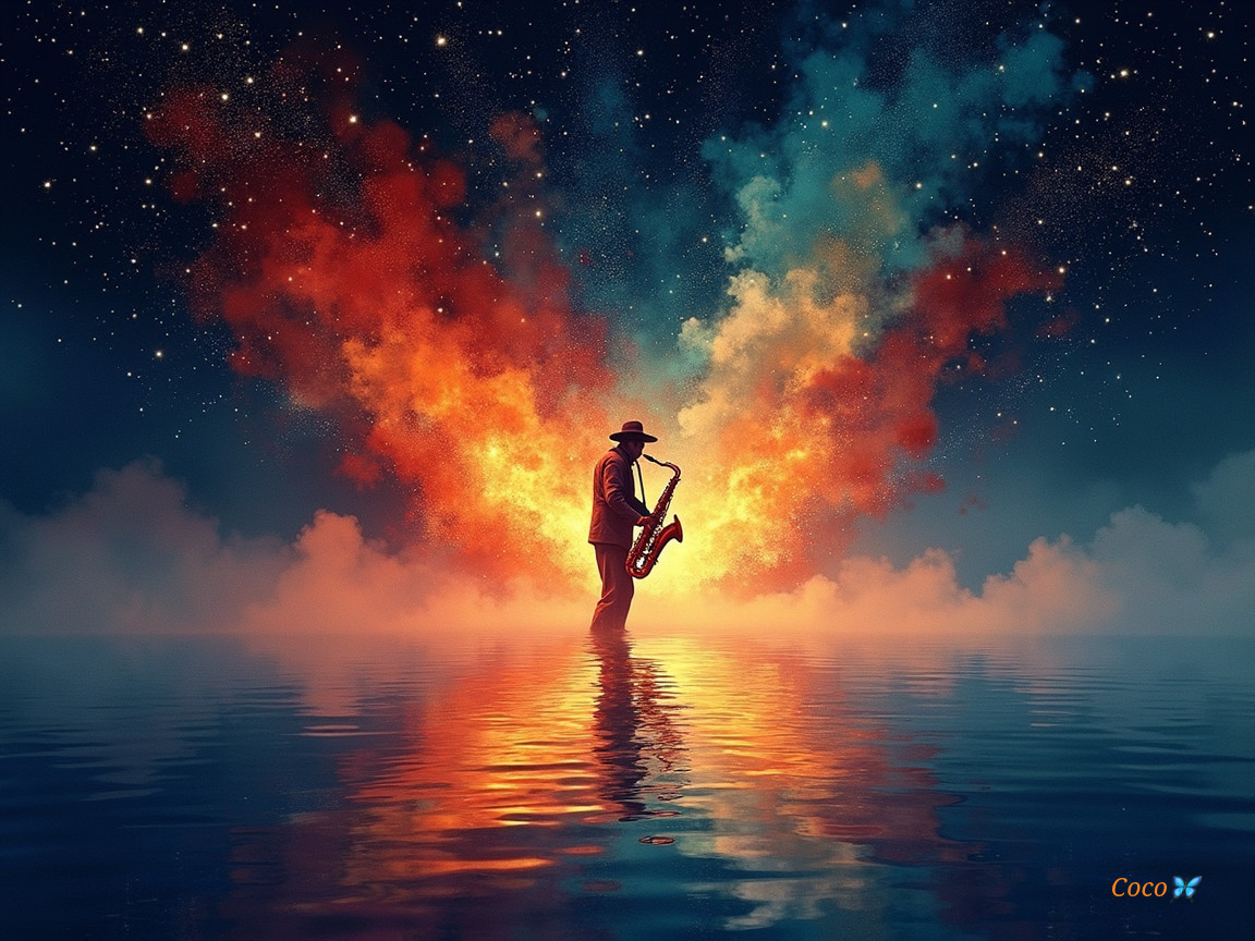 Saxophonist Silhouette in Surreal Cosmic Setting