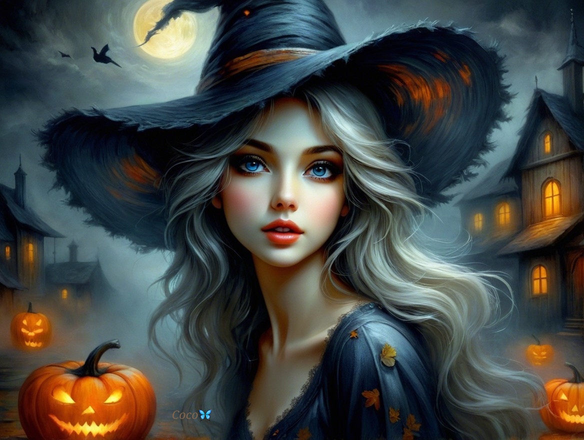 Mystical Witch in Moonlit Night with Haunted Backdrop