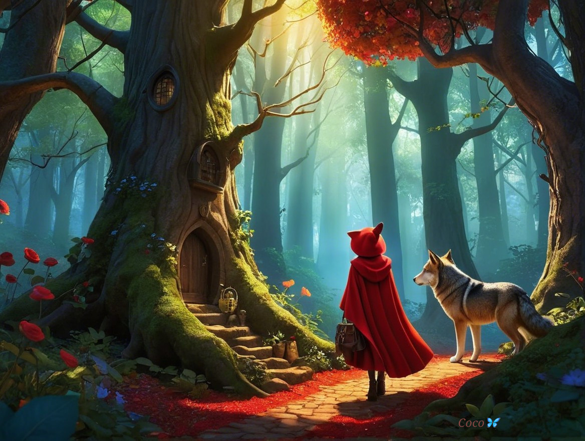 Enchanted forest scene with girl and wolf by door