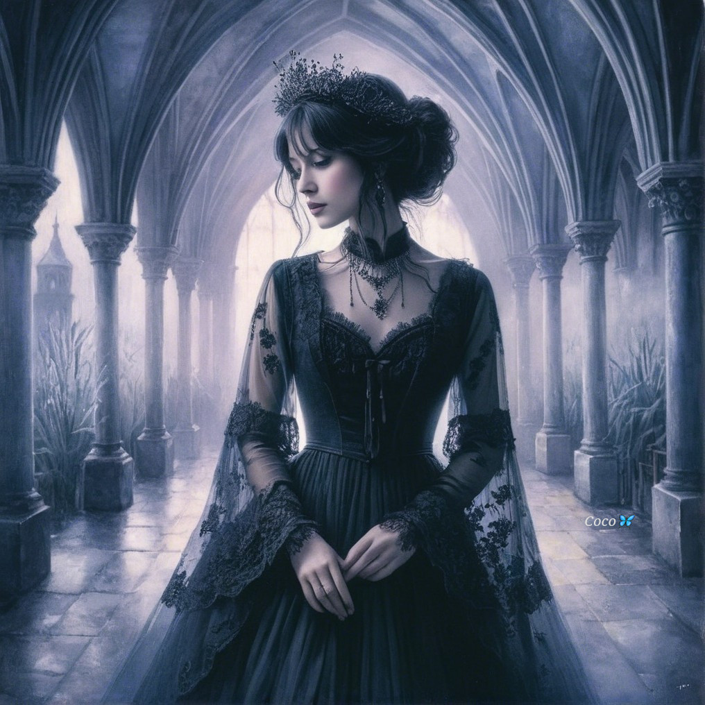 Elegant Woman in Gothic Setting with Dark Gown