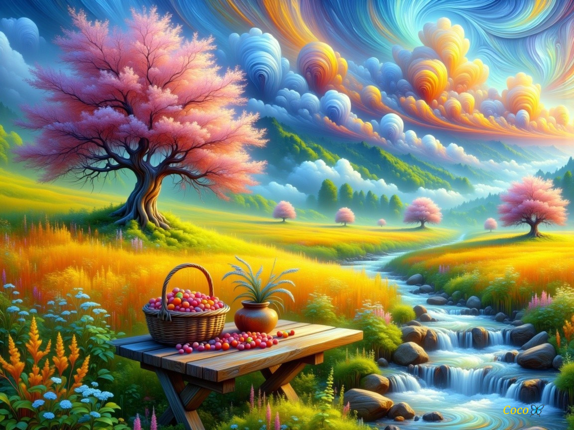Vibrant Landscape with Stream and Colorful Trees