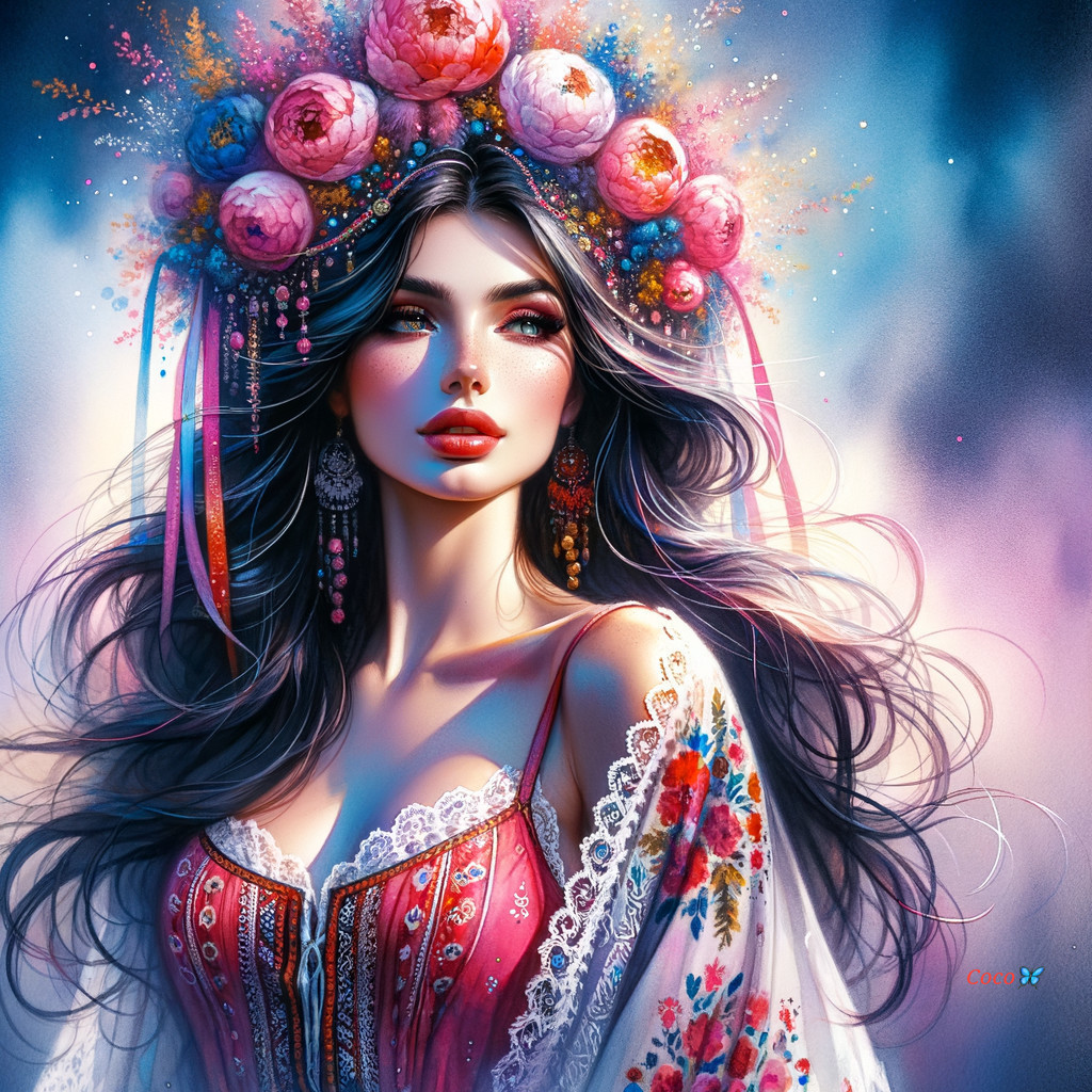 Portrait of a Woman with Floral Crown and Traditional Attire
