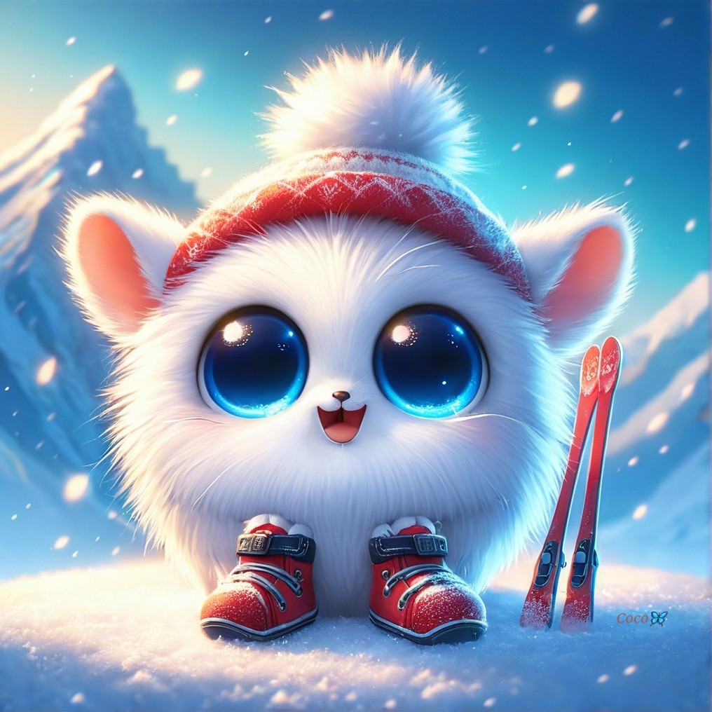 Fluffy White Creature in Snowy Winter Landscape