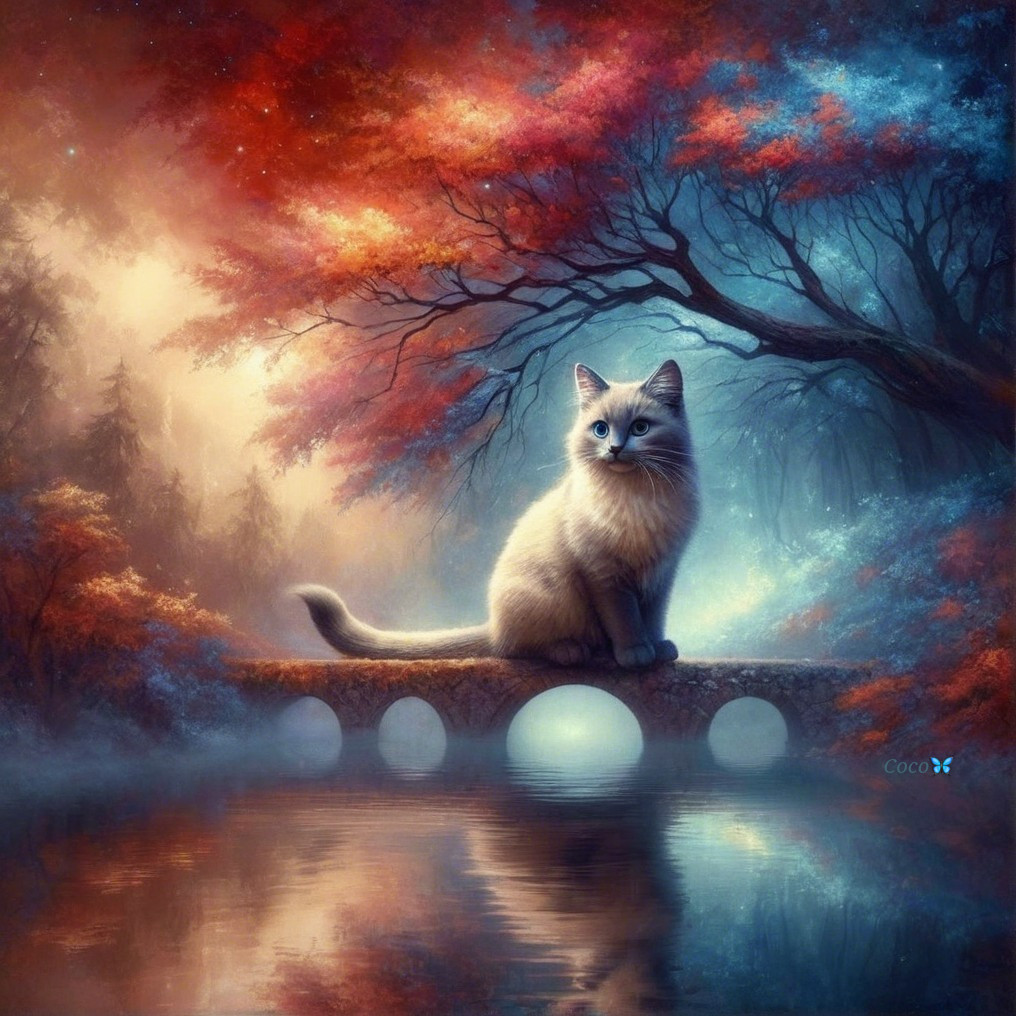 Fluffy Cat on Ancient Bridge in Autumn Landscape